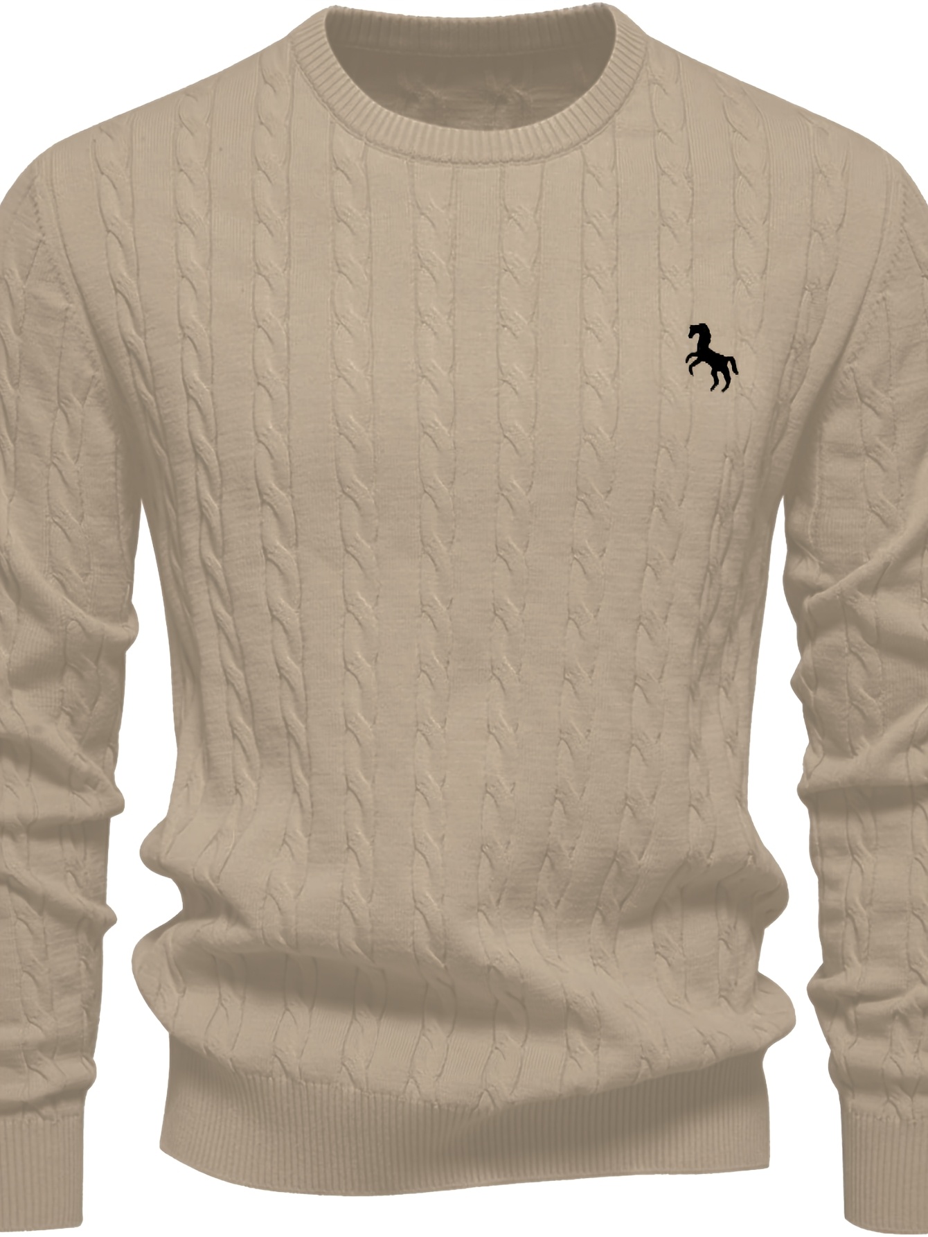 Casual Heren Trui met Kabelbrei en Zwart Paard Borduursel - Beige Ronde Hals Pullover, Medium Stretch