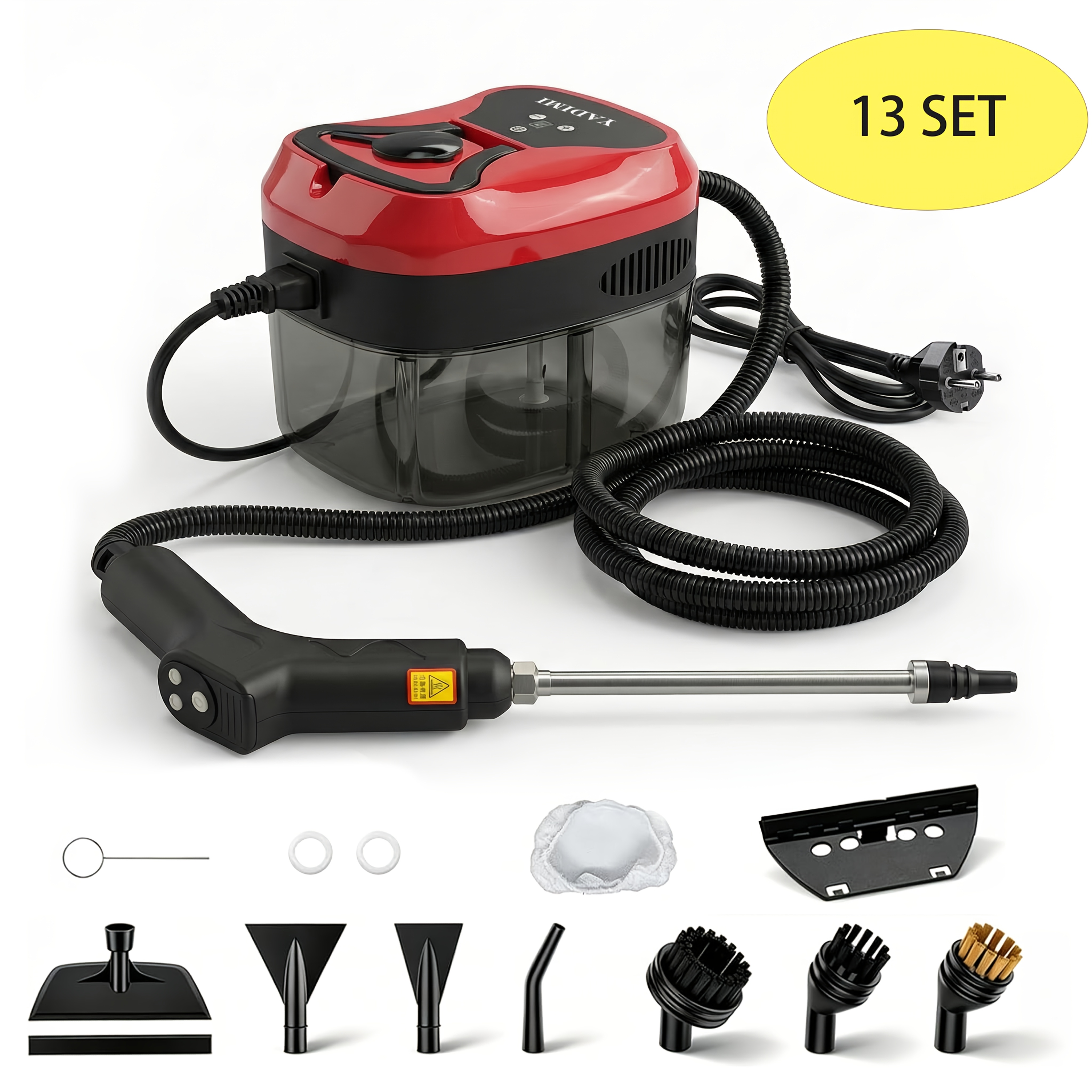 TEMU Nettoyeur Vapeur avec Poignée Réglable sur 6 Niveaux, Livré avec un Kit d'Accessoires de 13 Pièces, Chauffe en 15 Secondes, Nettoyeur Vapeur