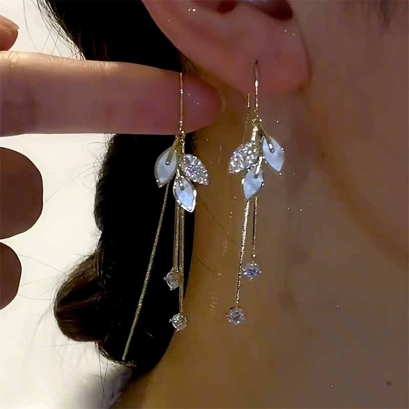 TEMU Une paire de boucles d'oreilles longues pendentives élégantes de style bohème avec motif de feuilles et pierres de synthétiques - Bijoux à motif