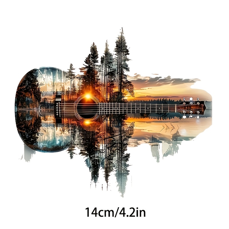 TEMU 4pcs Durable, Washable Diy Iron-on Transfer Decals Featuring A Sunset Guitar And Forest Scenery With A Vinyl Record Design Aesthetic. Suitable