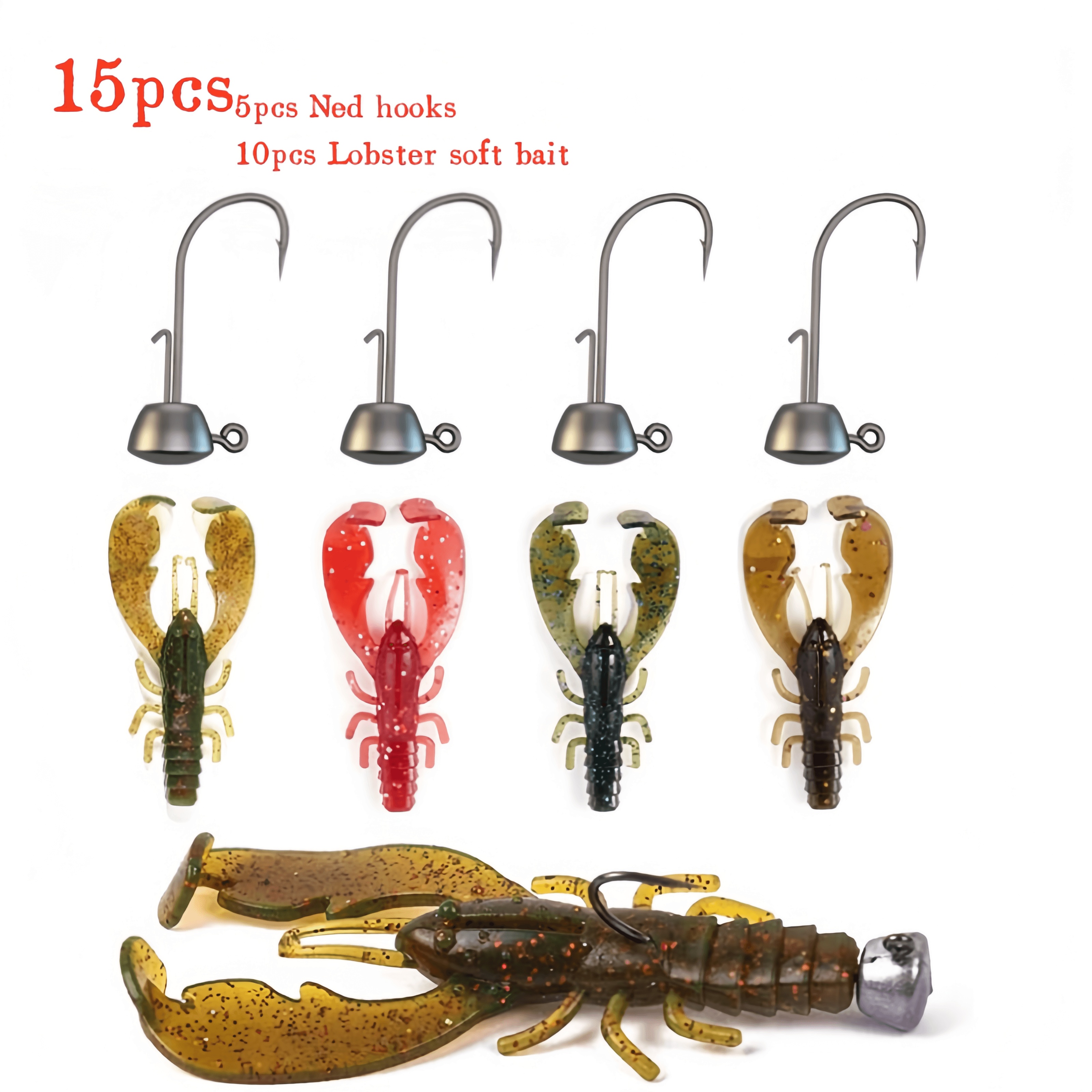 15pcs/set Ned Rig Baits Kit, Bionic Soft Crawfish And Ned Jig Head Hook For  Bass Fishing