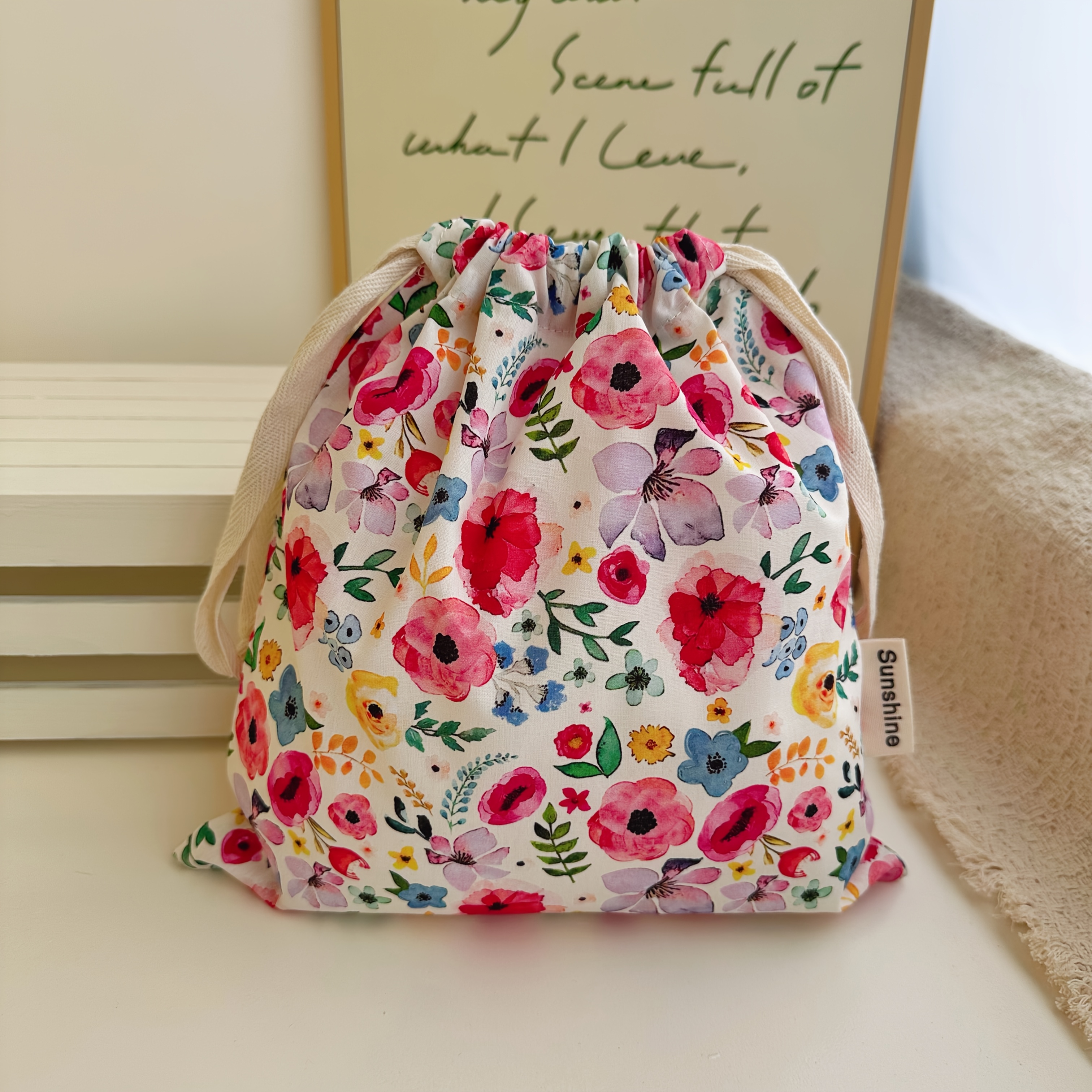 1pc Large Floral Print Gift Bag, 10x11 Inches - Colorful Drawstring Pouch For Organizing, Dustproof Home Storage, Travel-friendly With Hanging Loop