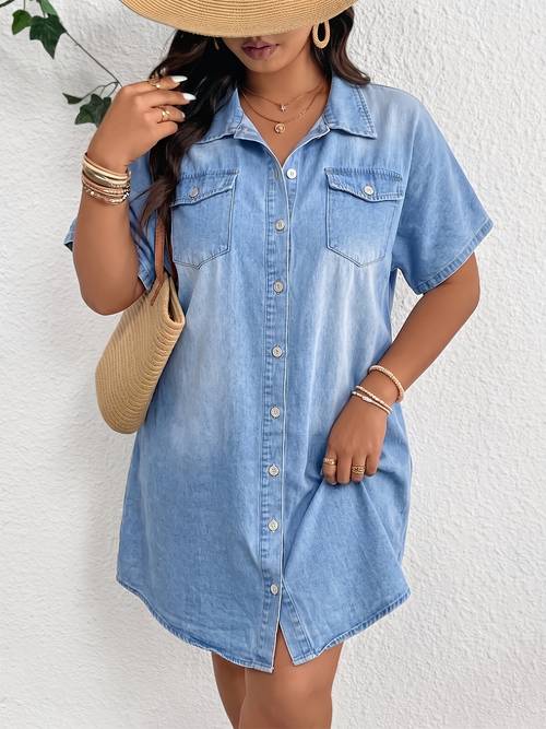 item picture plus size womens spring and summer new european and american collar short sleeve fitting dress denim shirt dress for women