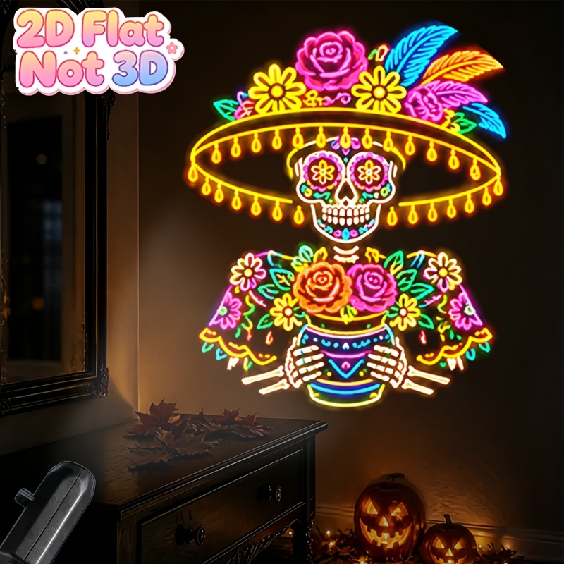 TEMU 1pc 2d Flat Portable Projector Lamp With Mexican Style Sugar Floral For Party Festival Ambiance Lighting Usb Powered Christmas Halloween Gifts