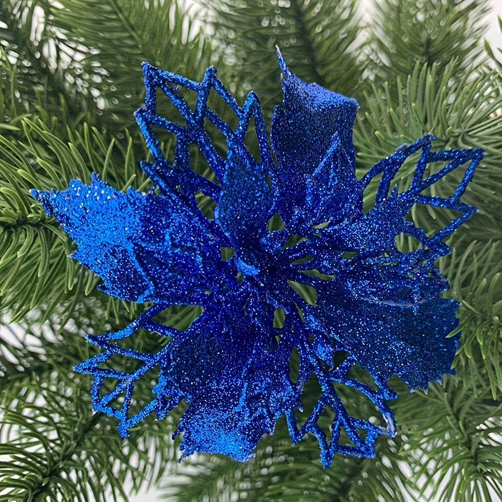 

5pcs Sparkling Glitter Artificial Christmas Flowers - 9.5cm Tree Ornaments For Holiday & Wedding Decorations