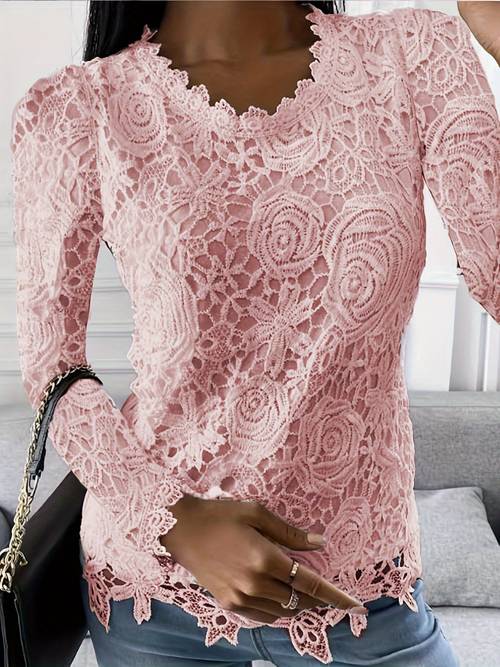 elegant blue lace long sleeve t shirt for women scalloped neck floral pattern fit casual for