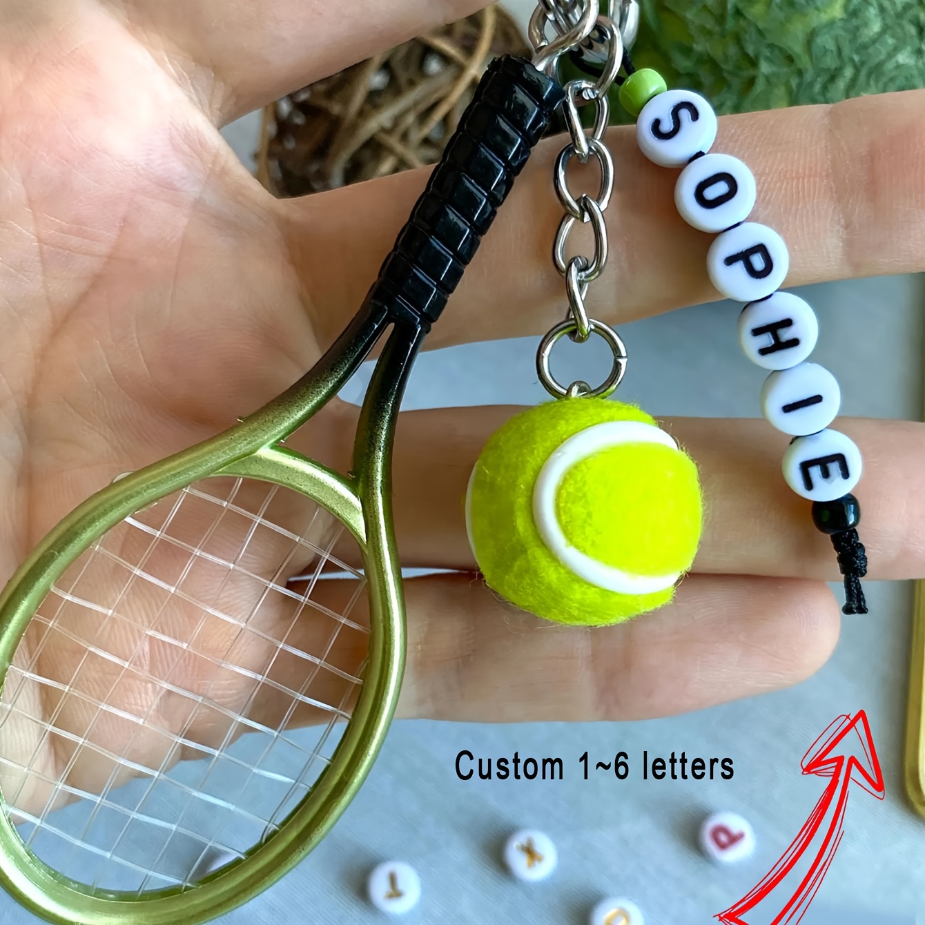 item picture 2d flat custom   personalized tennis keychain miniature realistic tennis ball racket pendant keyring bag charm custom name tennis lover gift fathers day gift thanksgiving christmas gift customizable with 1 3 1 6 1 9 1 12 english letters