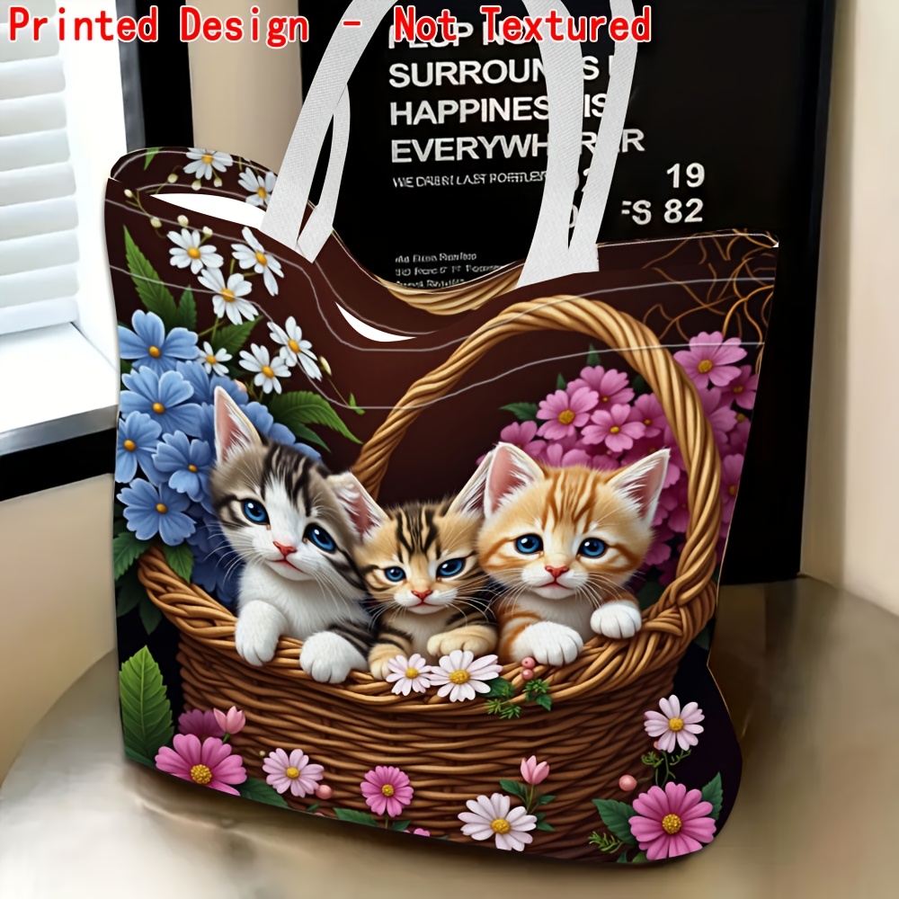TEMU 1pc Women's Shoulder Bag With 3 Kittens And Flowers In A Basket Theme, Multi-functional And Versatile, Handbag, Printed Design - No Texture,