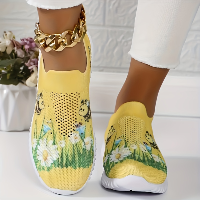 

Women's Casual Walking Shoes With Cute Bee And Daisy Print, Lightweight Breathable Slip-on Sneakers, Comfortable Mesh Summer Footwear, Yellow, Outdoor And Camping Shoes