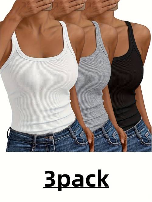 3pcs womens sleeveless low round neck ribbed vest basic camisole t shirt