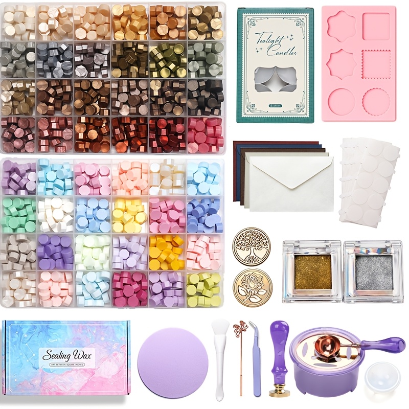 TEMU Complete Wax Seal Stationery Set - Includes Wax Beads, Glitter, Stamps, Furnace, Spoon, Envelopes And Backing Stickers - Elegant Craft Tool For
