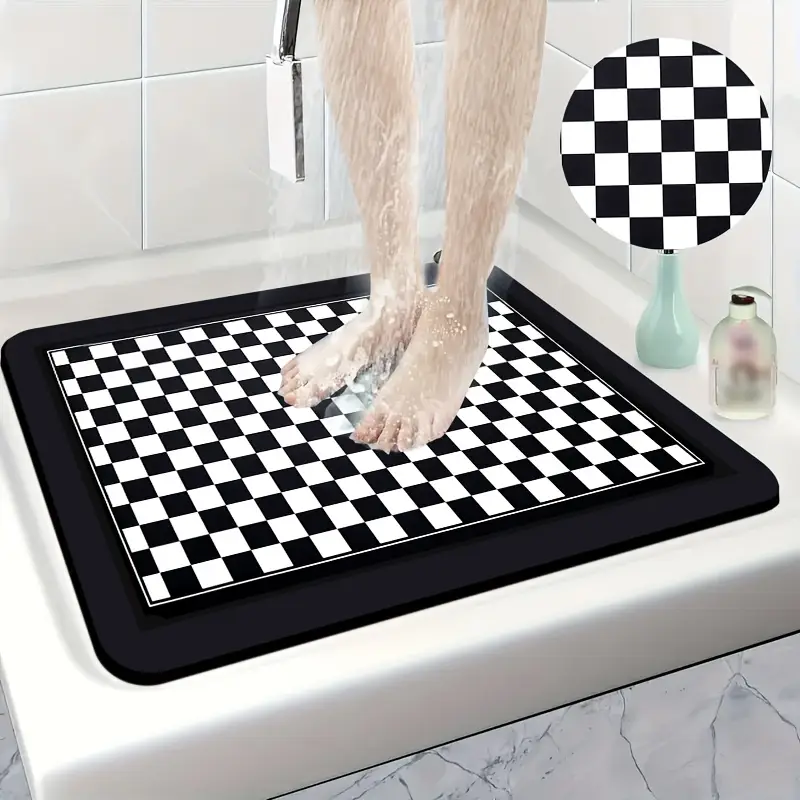 1pc diatomite bath mat with black and white checkered print pattern quick dry non slip absorbent floor mat soft comfortable for bathroom shower laundry room bedroom doorway rv kitchen rug bathroom rugs non slip bathtub mat bath matts for bathroom small bath mat rug bathroom doorway rug shower mat geometric pattern stylish floor rug material durable rubber backing nonslip rug floor rug household rugs mats Product details 0