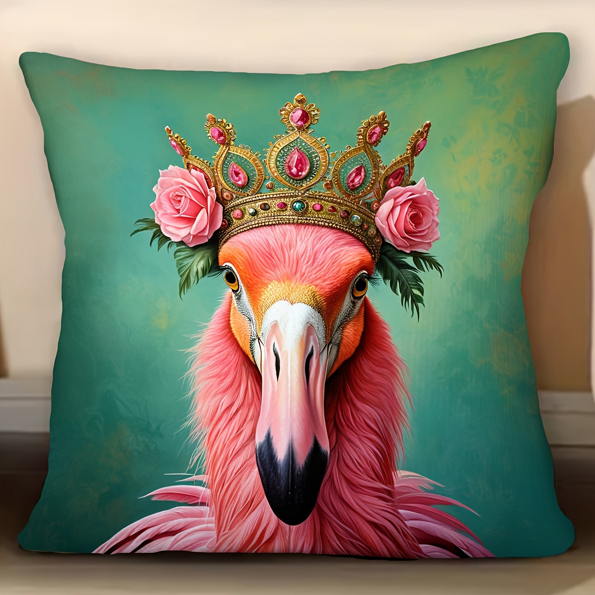 TEMU 1pc Flamingo Pillow Case - Pink Floral Crown Decor, Soft Plush Cushion Cover For Christmas, Valentine's, Home, Sofa, Bed - 18x18 Inch Luxury