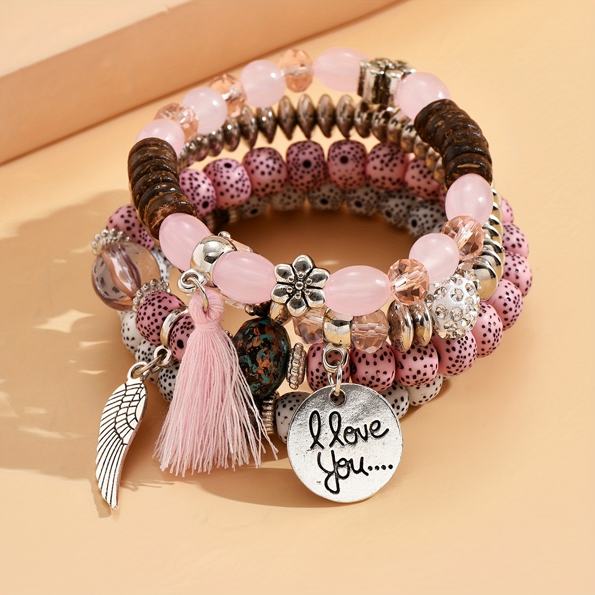 

-chic 4pcs Stacking Bracelet Set With Wing, Tassel & 'i Love You' Charms - Beads, Acrylic - Perfect Gift For Teens & Family