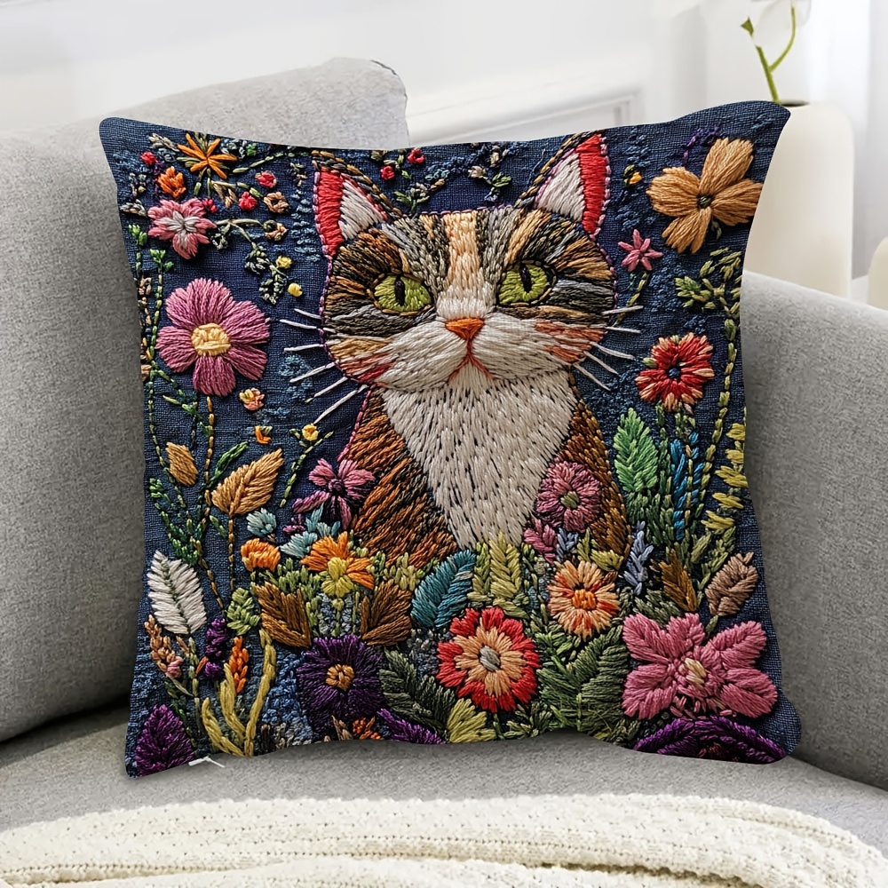 

1pc Vintage-inspired Cat In Throw Pillow Cover, 18x18 Inch, Super Soft Short Plush, Zippered, Floral Embroidery - Ideal For Sofa & Bed Decor, Hand Washable (no Insert), Cat Decor