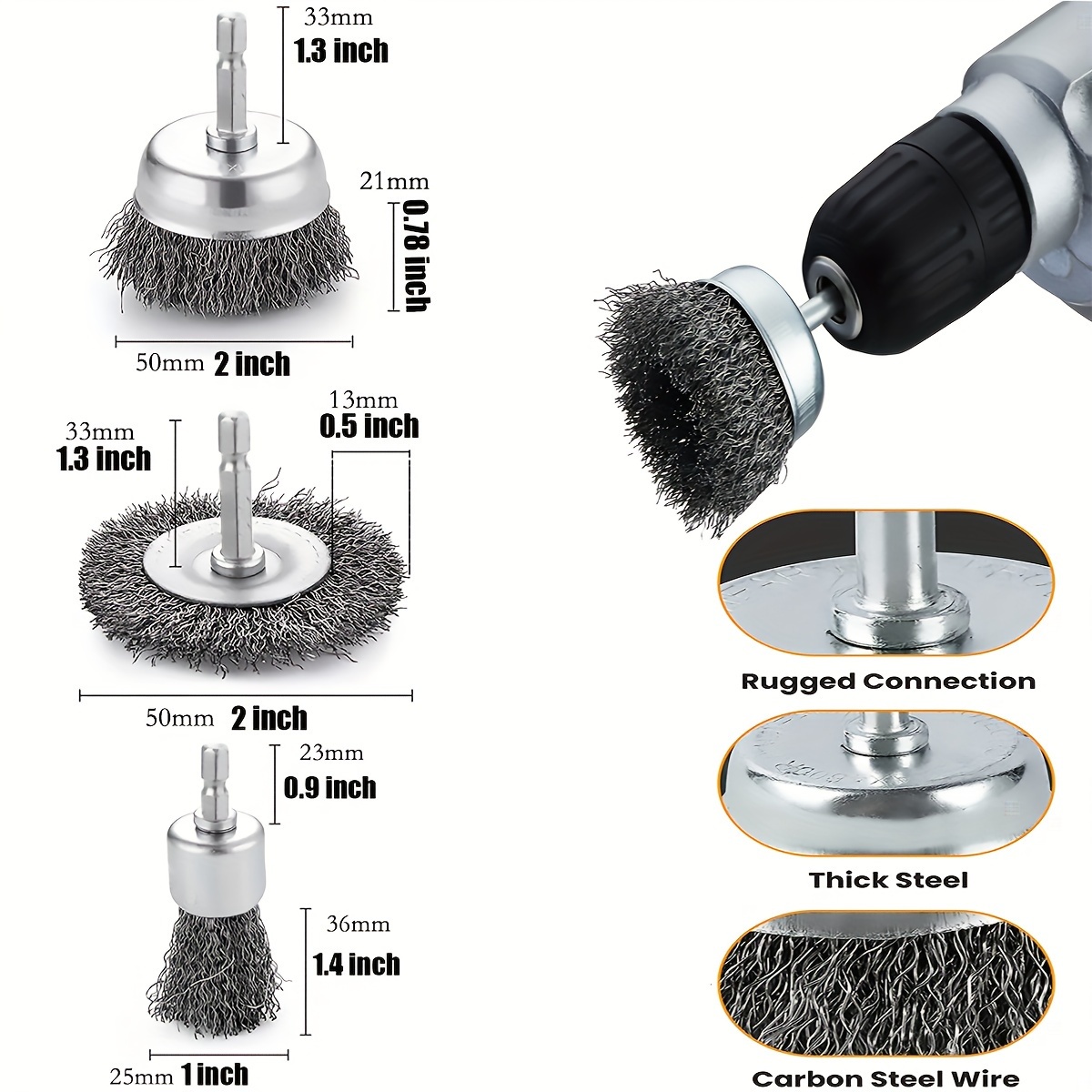 TEMU 3pcs Wire Wheel & Cup Brush Set, Drill Attachment With 1/4-inch Hex Shank, Heavy-duty Carbon Steel For Rust Removal, Deburring, Surface Preparation, 3 Sizes (1.3, 2, And 2.5 Inch)