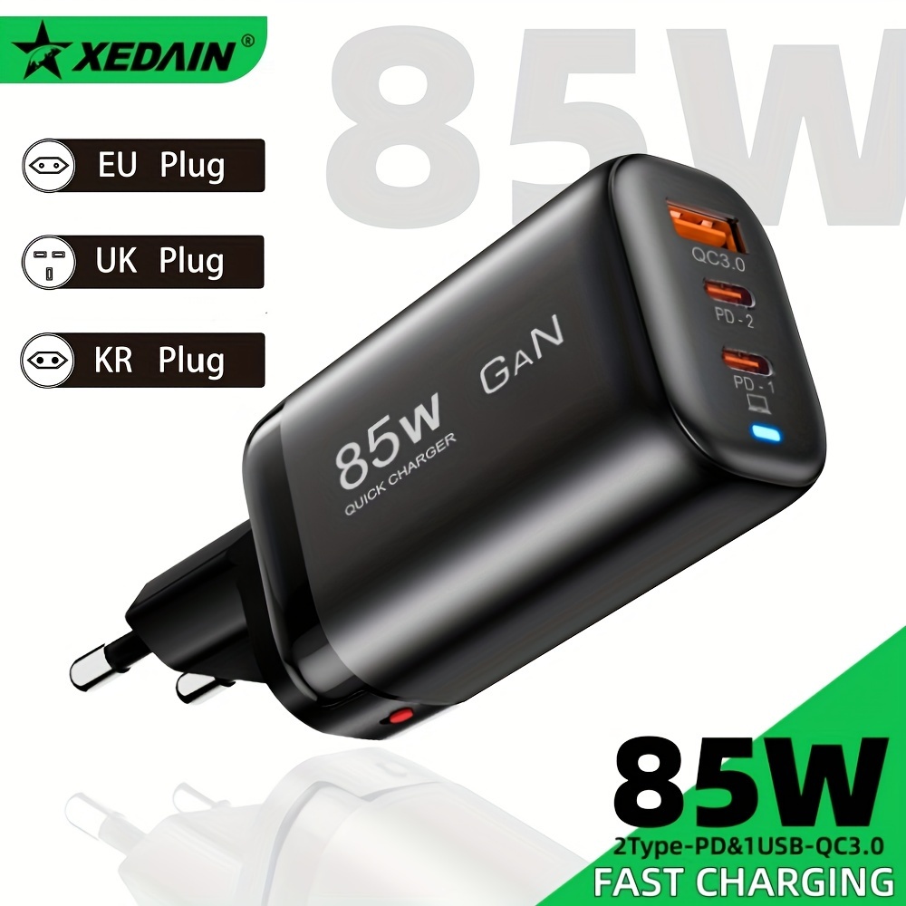 

85w Gan Fast Charger With Pd, Qc 3.0 - Usb Type-c Multi-port Power Adapter For Iphone 15/14 Pro Max, Ipad, Macbook, Samsung & More - Travel Wall Charger With Eu/uk/kr Plugs