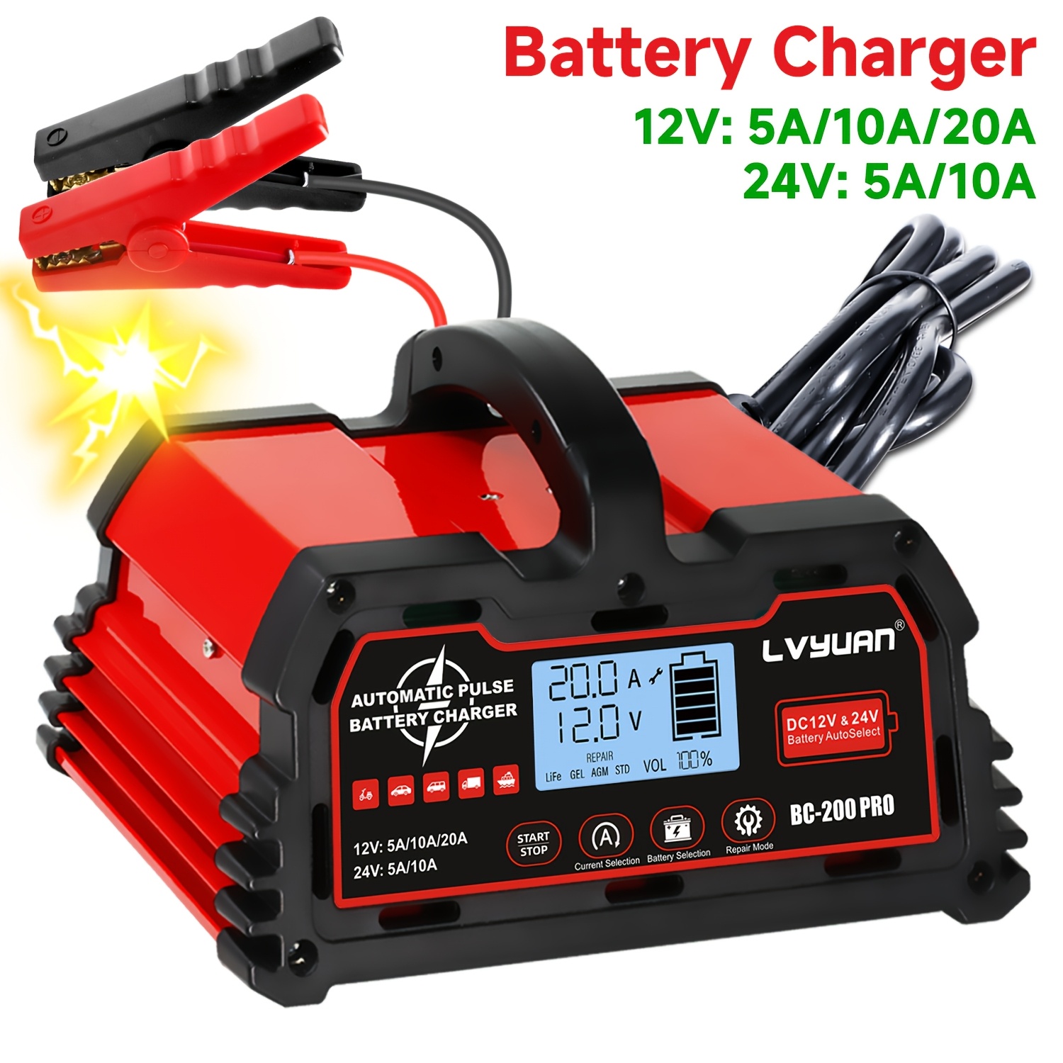 20A 12V/24V Zware Automatische Acculader met LCD-scherm & Overlaadbeveiliging