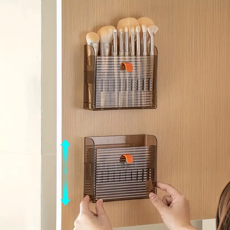 1pc punch mounted storage box makeup brush and eyebrow pencil rack pull out lipstick storage box double row folding makeup brush storage box can store 16 brushes at time ideal gift Product details 4