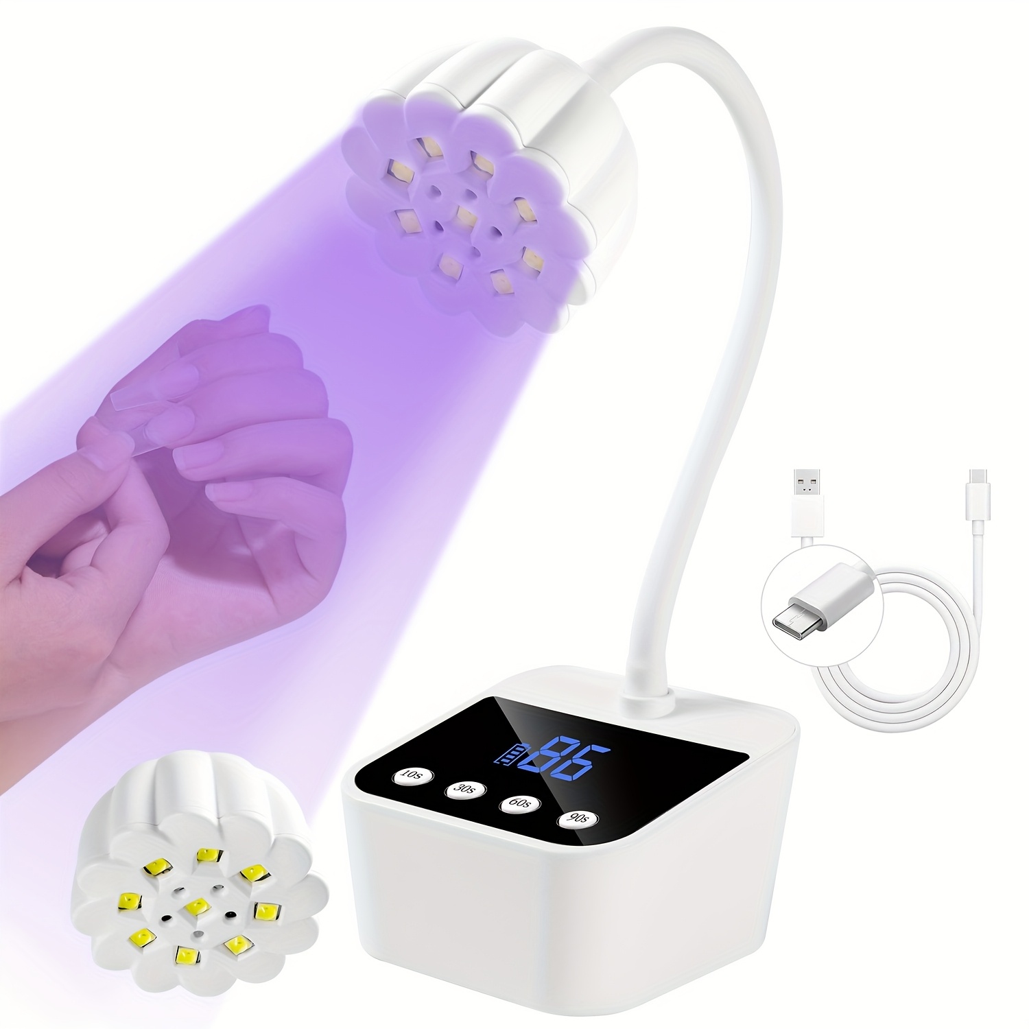TEMU Portable Rechargeable Nail Lamp With & Lcd Display - Mini Gooseneck Light, Nail Dryer For Gel Polish, Fast Drying For Salon & Home Diy Use (no