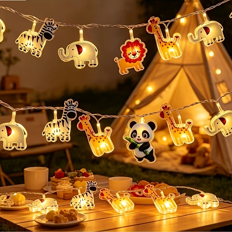 TEMU Cartoon Zoo Animal Led String Lights, Battery-powered, Cute Panda, Lion, Elephant, And Giraffe Lights, Suitable For Tents, Camping, Birthday