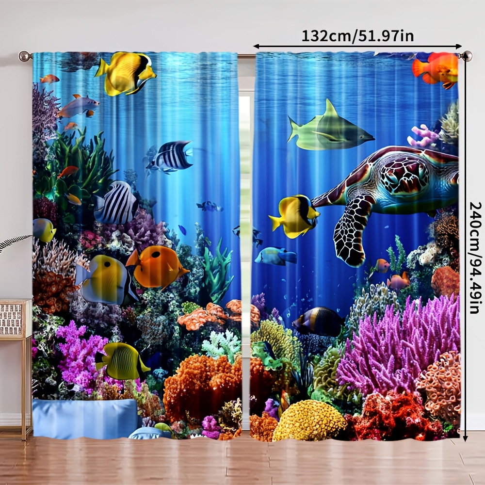 TEMU 2 pièces de Rideaux - Thème Océan avec Corallien, Poissons Tropicaux, Tortues - Semi-Transparent pour Intimité et Filtrage Lumière Salon ou