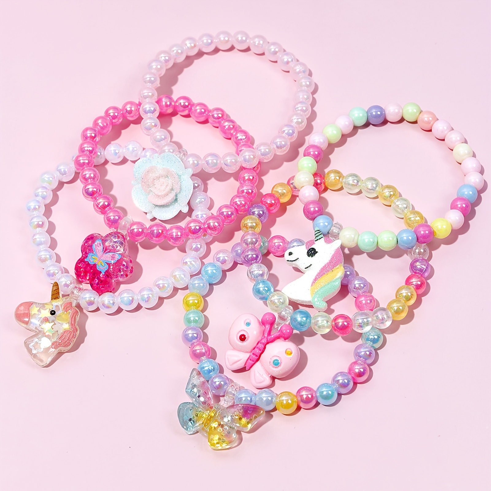 

6-pack Assorted Beaded Bracelet Set With Unicorn & Floral Charms For, & Rainbow Pendants - Party Favor Jewelry, Fillers, Classroom Prizes For Birthday, Easter & Christmas Gifts