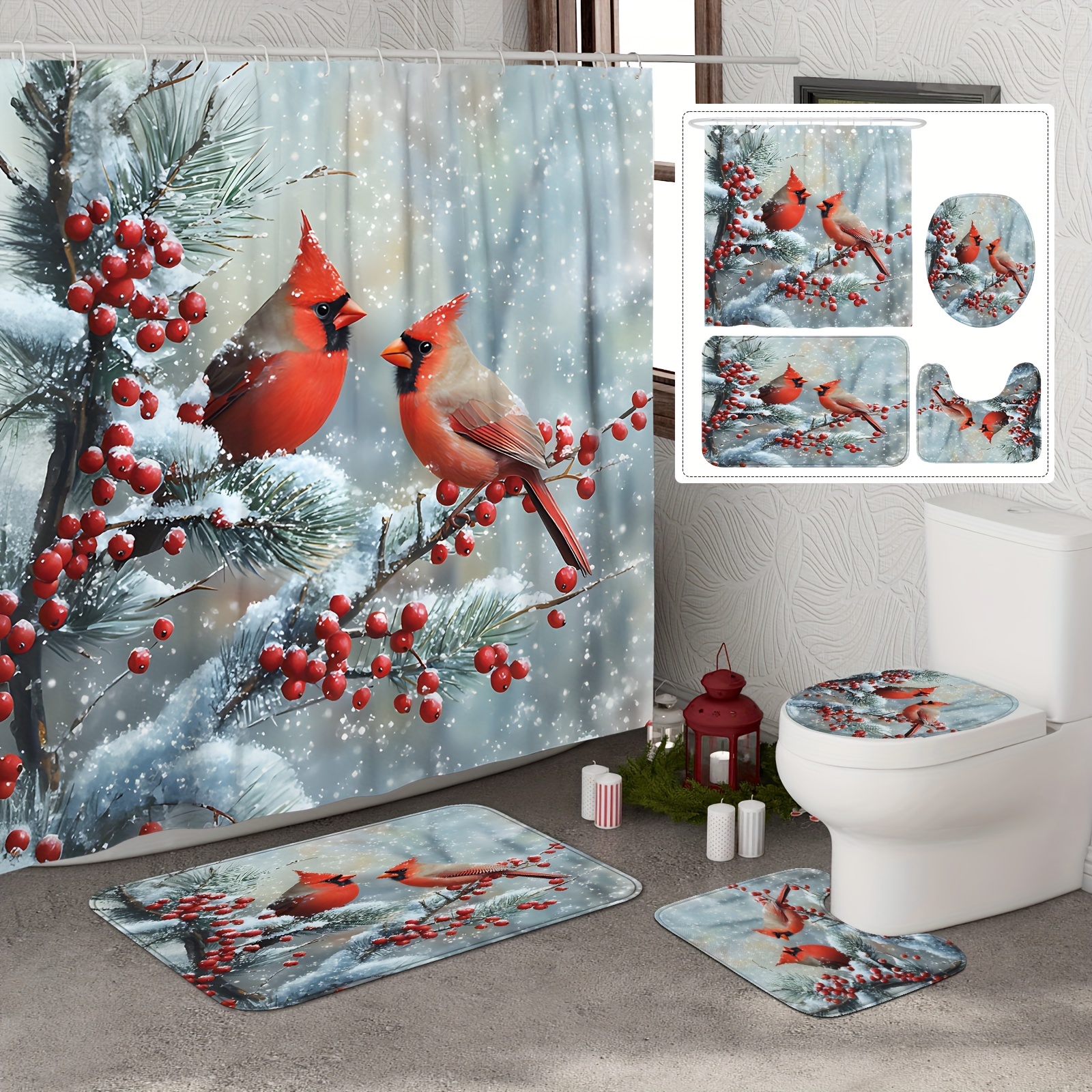 

[] 1/4pcs Christmas Curtain Set Red Curtain Polyester For Bathroom Omaments 12hooks Bath Mat Lid Mat