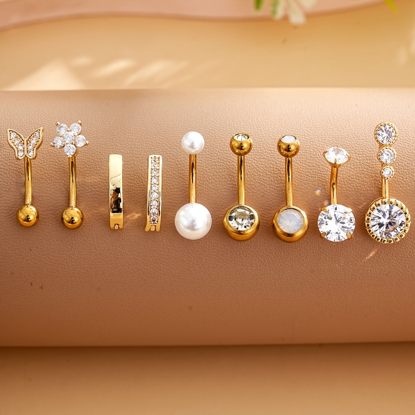 Image of 9pcs Stainless Steel Classic Navel Ring Set For Women, With Flower Inlay And Synthetic Synthetic Zirconia, Half-moon Reverse Bar Belly Piercing Jewelry For Daily Wear