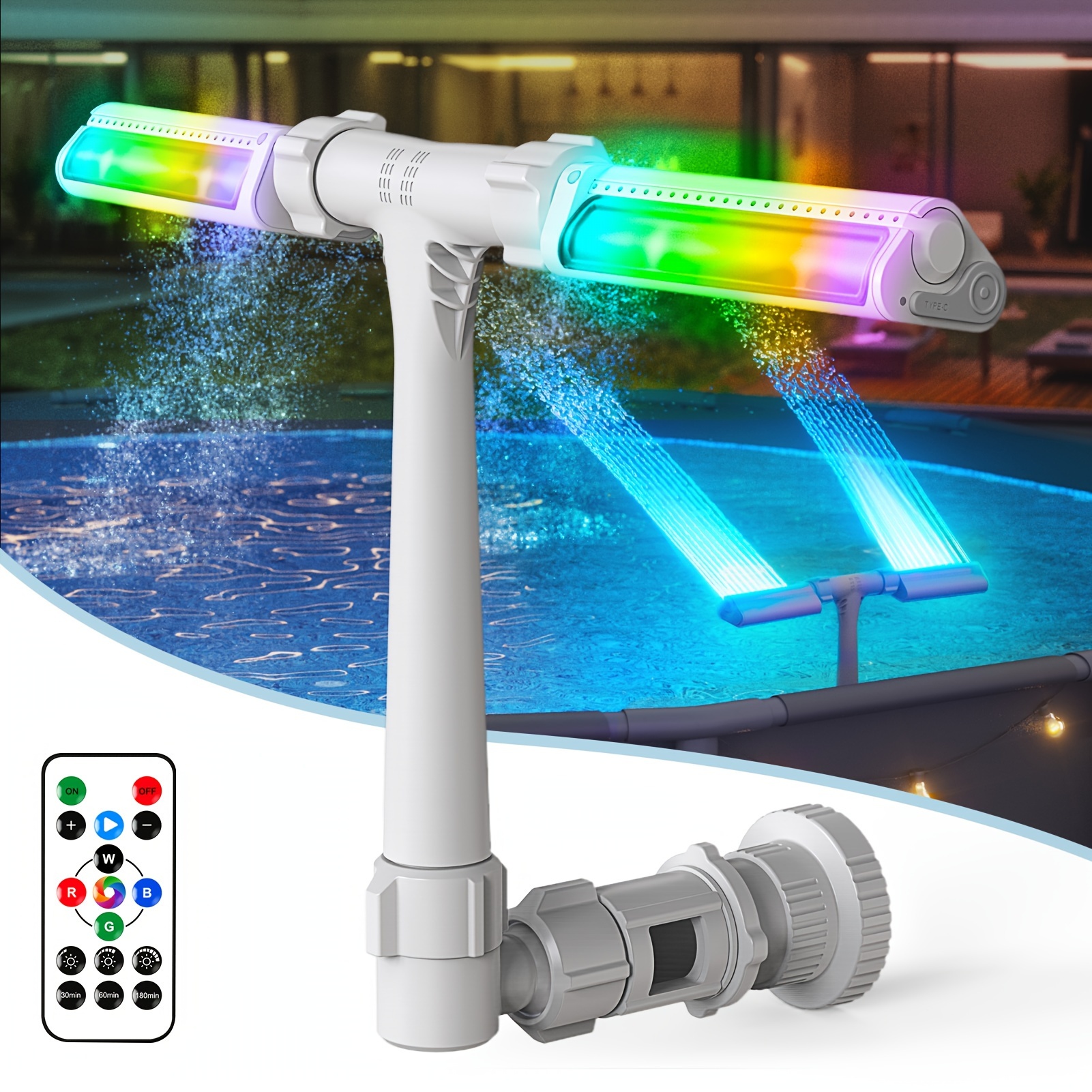 

Set Pool Fountain With 7-color Led Lights, Above/inground Pool Fountain Lights With Remote Control, Adjustable Pool Sprinkler Fountain With Dual Spray Heads, Above Ground Pool Cooling System