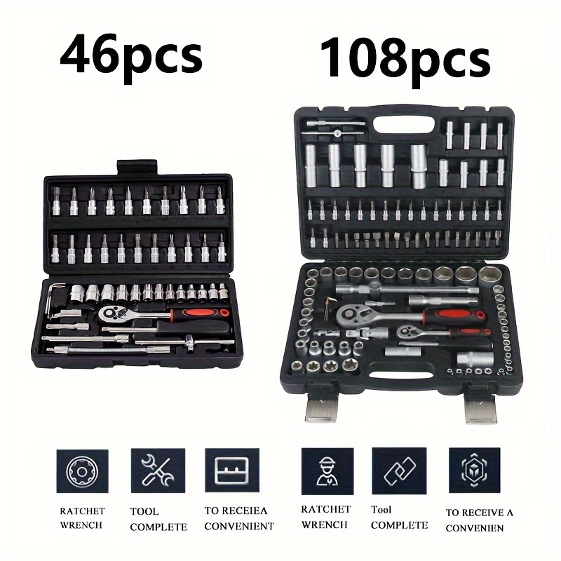 

46pcs/108pcs Socket Wrench Combination Set, Inner Hexagon Extended Socket Head, Auto Repair Hardware Tool, Wrench Special Tool