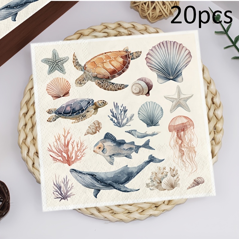 TEMU 20 stuks papieren servetten en handdoeken met oceaanthema, zee & zeeschelp, geschikt voor badkamer, themafeesten, verjaardagstafeldecoratie -