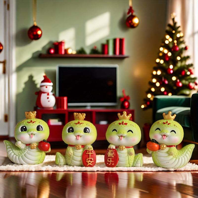 

4pcs Cartoon Snake Figurines With Golden Crowns - Resin Decor For - Christmas, Lunar New Year & More - Ideal Creative Gift