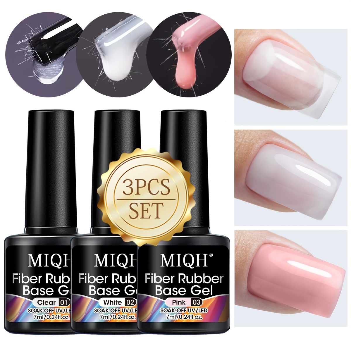 Miqh 3pcs / Compatible Nail Gel Base Coat - Clear, White & Pink Suitable For Weak/ Nails, / For Instant Strength, Salon & - Use, Gel Polish Base Coat For Nail Technicians, 7ml Each