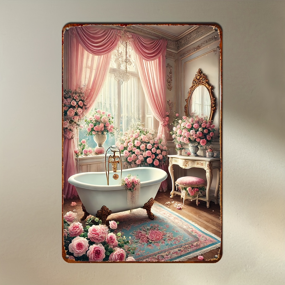 

Romantic Victorian Bathroom And Beautiful Roses, Metal Style, Suitable For Home, Bathroom, Dining Room, Bedroom And Other Interior Decoration - 8x12 Inches