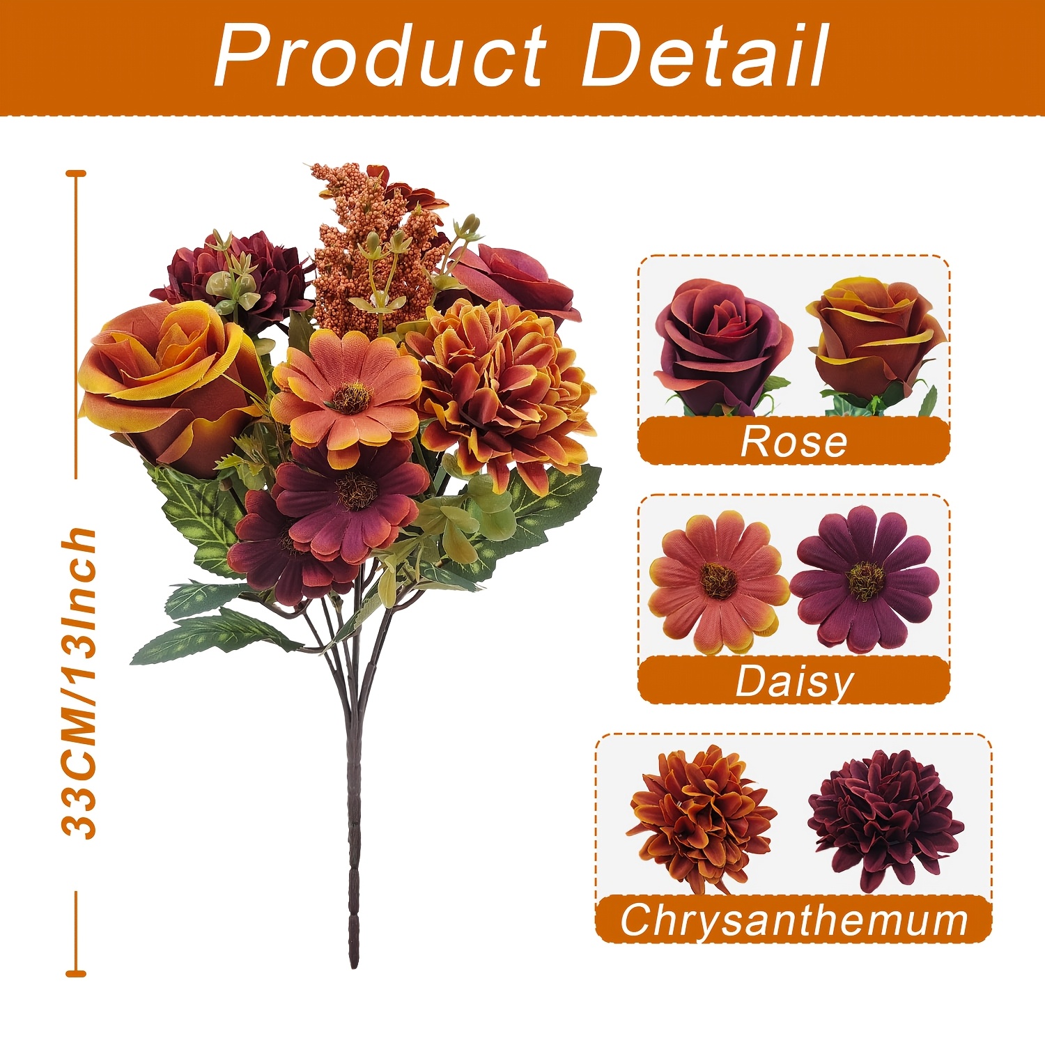 TEMU 1pc Elegant Fall Artificial Rose & Chrysanthemum Fake Flowers, Vibrant Faux Plastic Brown Bouquet, Realistic Autumn Floral Arrangement For Table