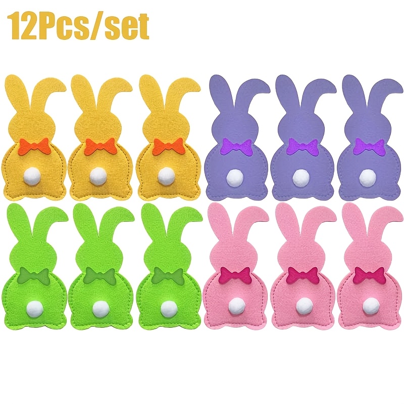 Image of 12pcs Set Creative Bow Tie Bunny Cutlery Bags, Spring Easter Felt Utensil Pouches, Suitable For Home Easter Party Table Decorations, Spring Festival Easter Table Setting Decorations, Multiple Colors