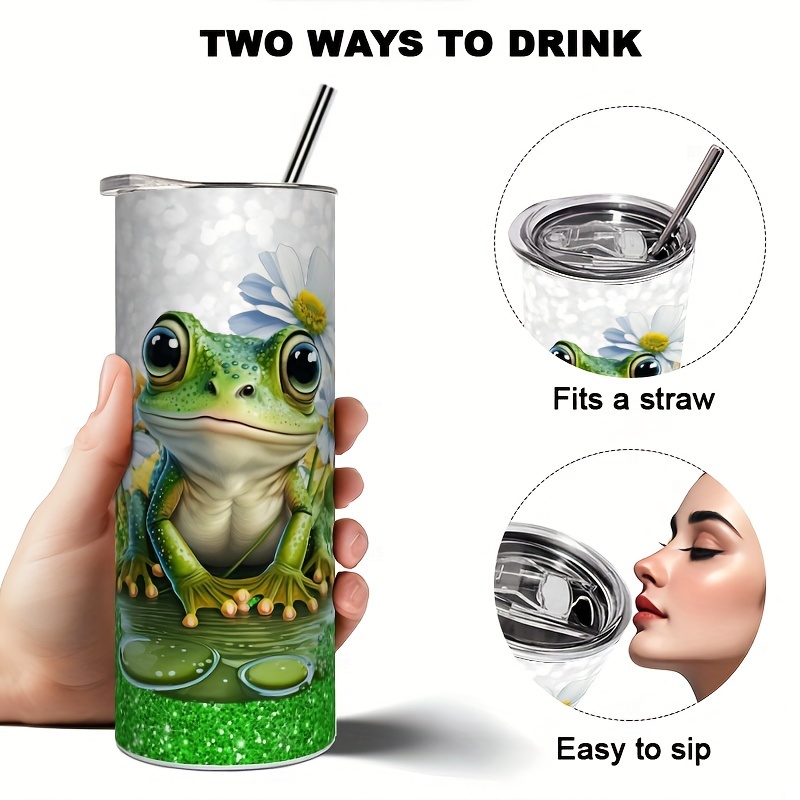 

20-ounce Stainless Steel Frog Print Tumbler With Straw - Double-walled Insulated For Cold Drinks, Ideal Gift For Family & Friends