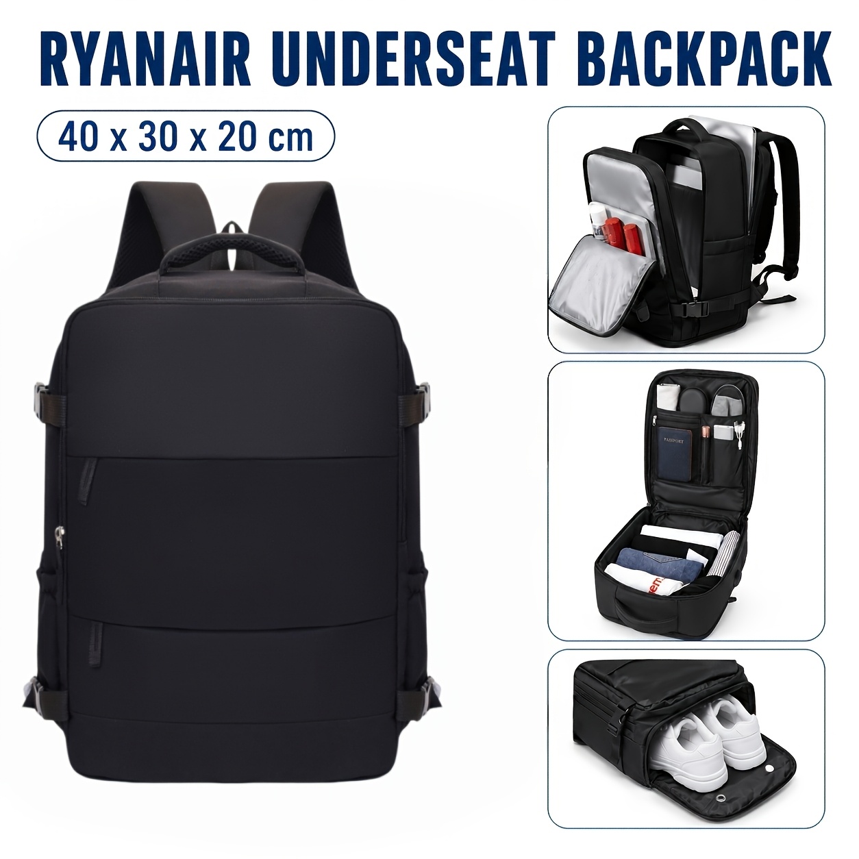 TEMU Ryanair Cabin Carry-on Backpack, With Shoe Compartment, Front Pocket, Side Compression Straps, And Internal Storage Pouch, Suitable For , ,