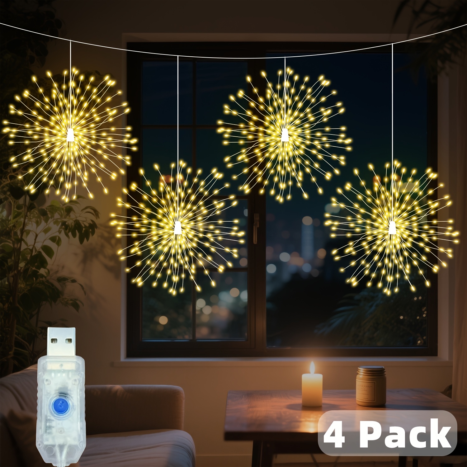 Image of 4/2pack 360/180 Led Usb Powered Starburst Fireworks String Light, 8 Dimmable, Usb Hanging Fairy Sparkling Starburst Ball String Light, Suitable For Christmas Party And Birthday Decoration