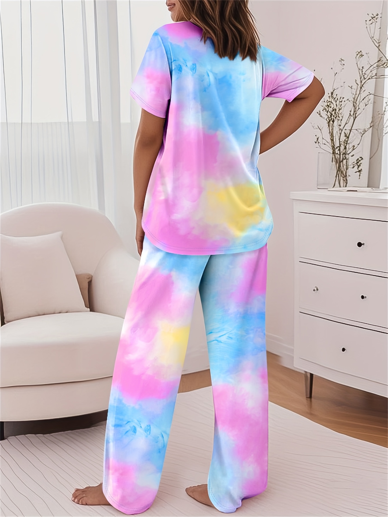 2pcs printed round neck short sleeve set gradient printed loose pants womens summer pajama set breathable   clothing two piece set Product details 21