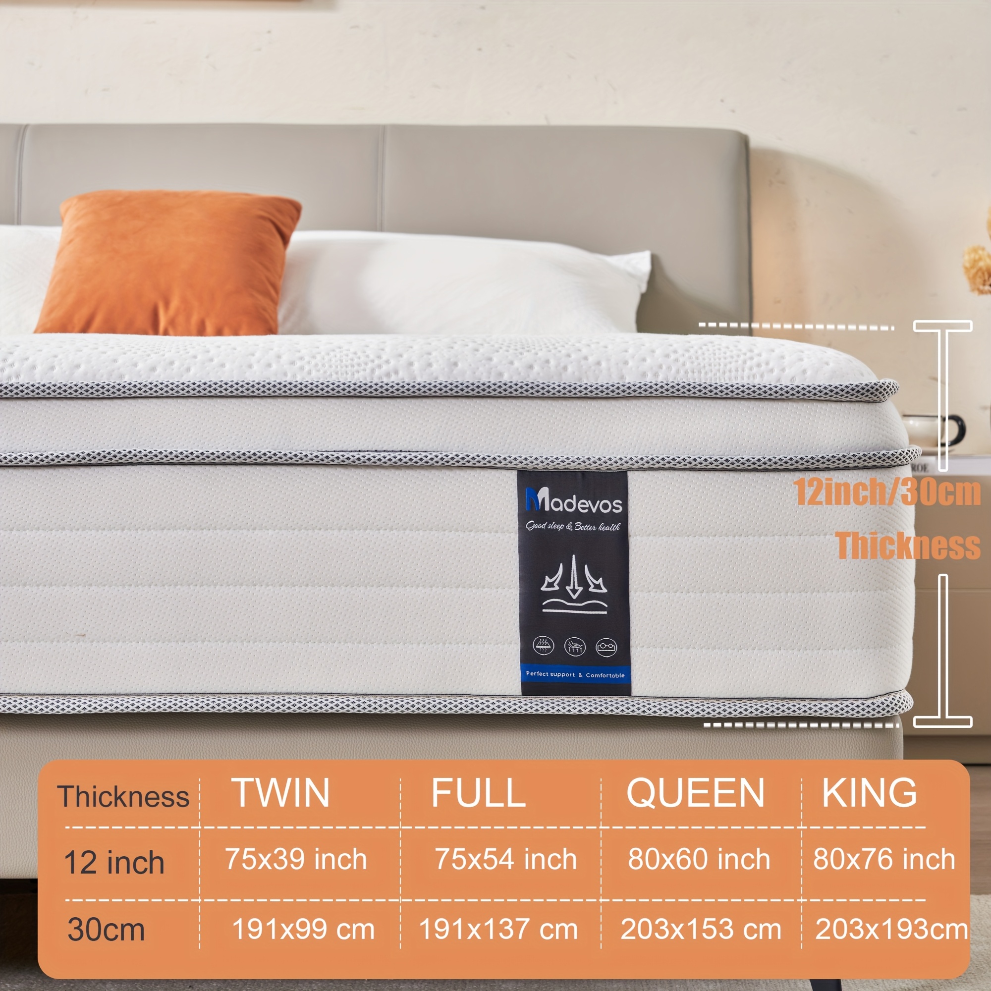 TEMU 12/14 "full Queen King Size Memory Foam Mattress - , Medium Sturdy Hybrid Mattress, Luxurious , White Quilted Covercolchones Para Cama