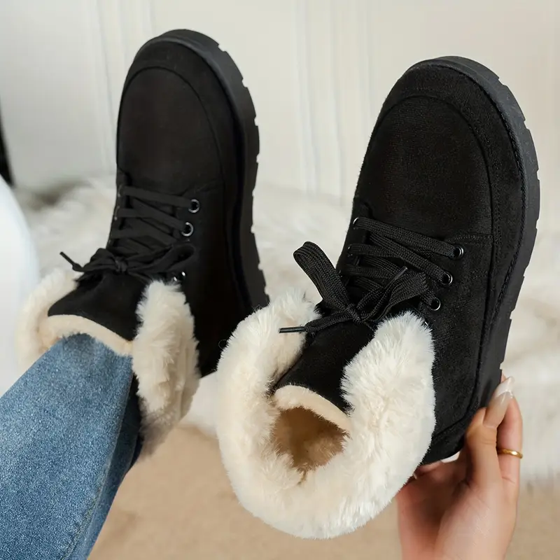 womens winter snow boots with plush collar pu sole slip on lace top warm ankle shoes round toe traction for multi color options black dark cozy cold weather footwear Product details 6