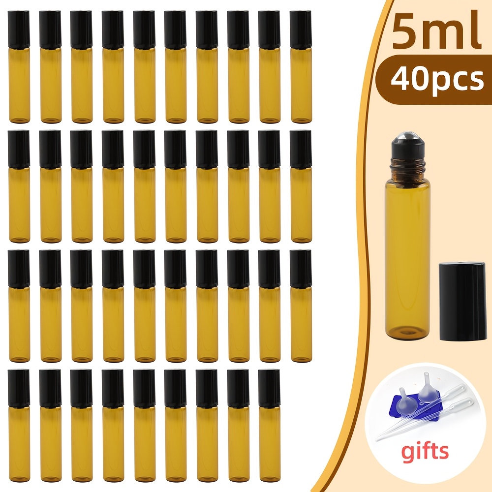 TEMU 40 unidades de frascos de aceite con rollo de ámbar de 5 ml, frascos de vidrio marrón para , vidrio de calidad que bloquea , rollos de acero