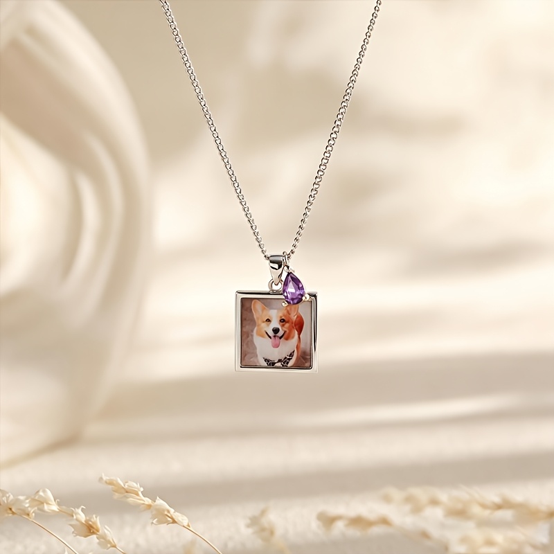 Custom Square Photo Birthstone Necklace — 18K Gold-Plated Gift