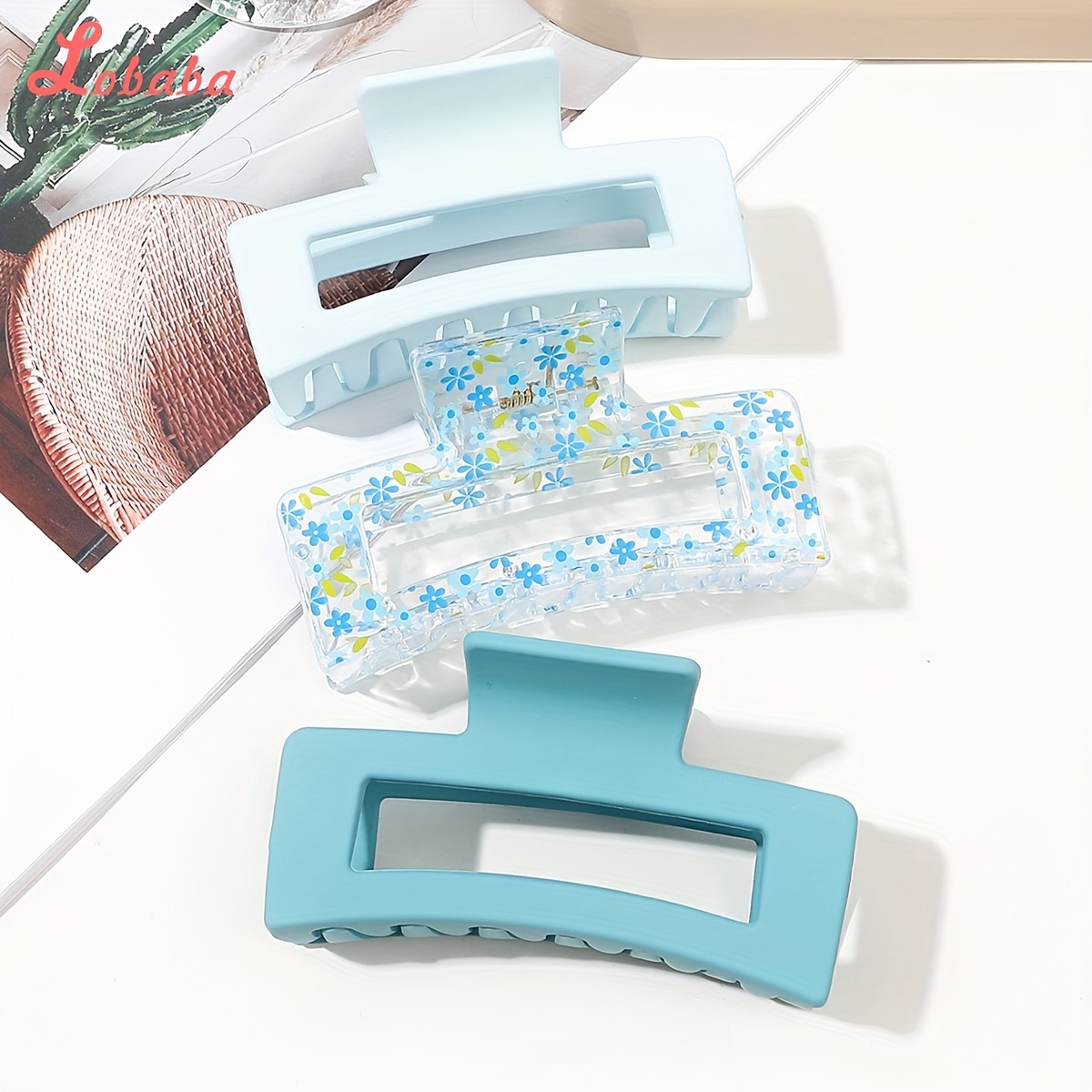 E-shop 3er-Packung quadratische Haarspangen, einfarbig, transparent, bedruckt, Haarknoten-Clip, Hai-Clip, Kopfbedeckung, Haar-Accessoires