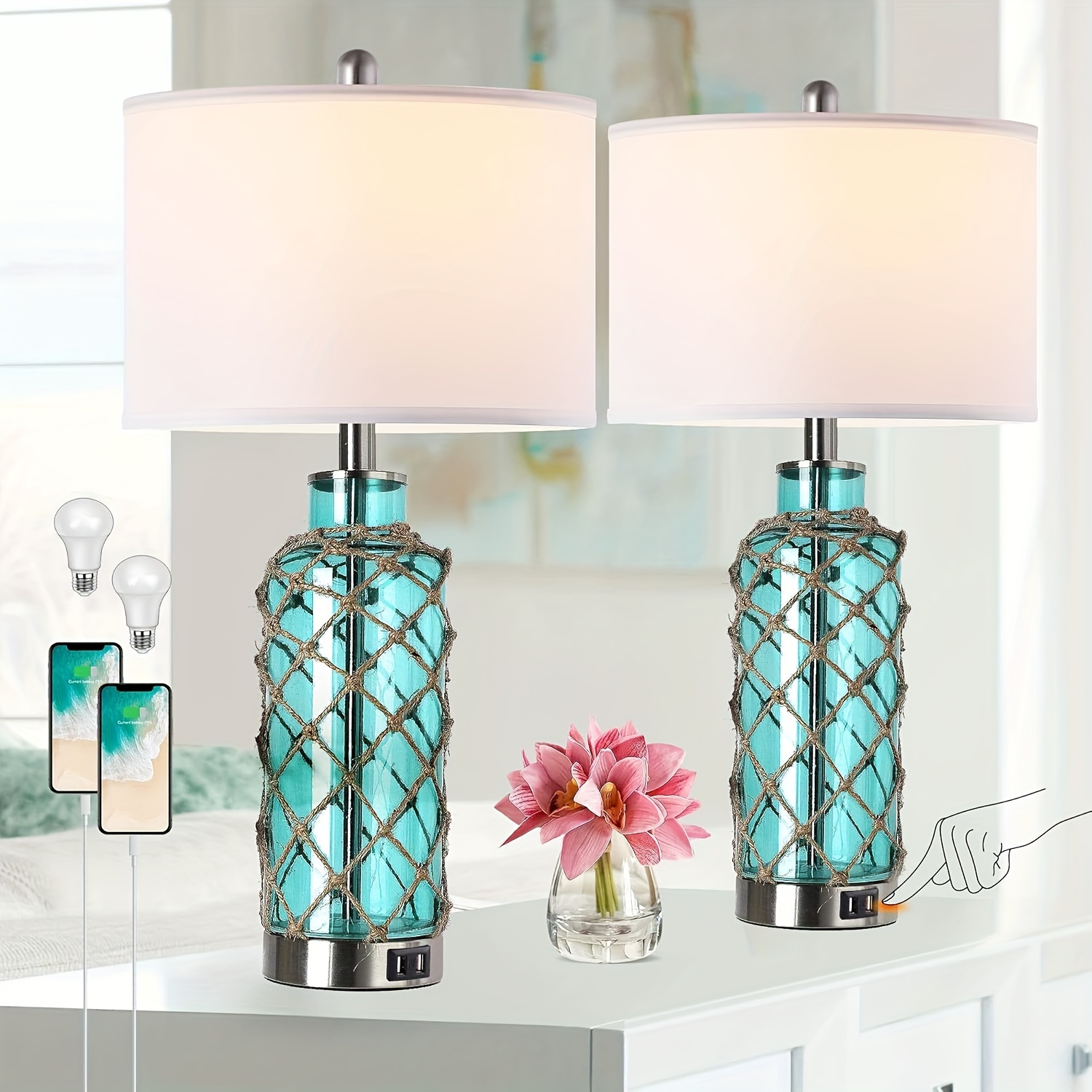 

Cottage Nautical Style Lamp Set Of 2, Coastal Teal Glass Rope Net Bedside Lamp With 2 Usb , 3-way Dimmable Bedside Lamp With For Valentine's Day And Easter Gifts