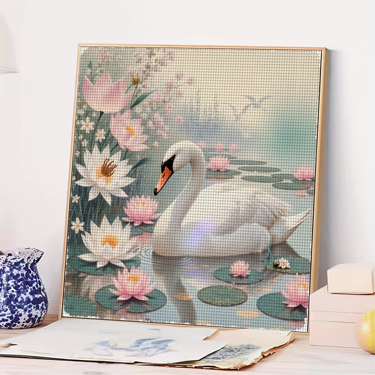 Swan & Lotus Cross Stitch Kit for Beginners with Pre-Printed Canvas