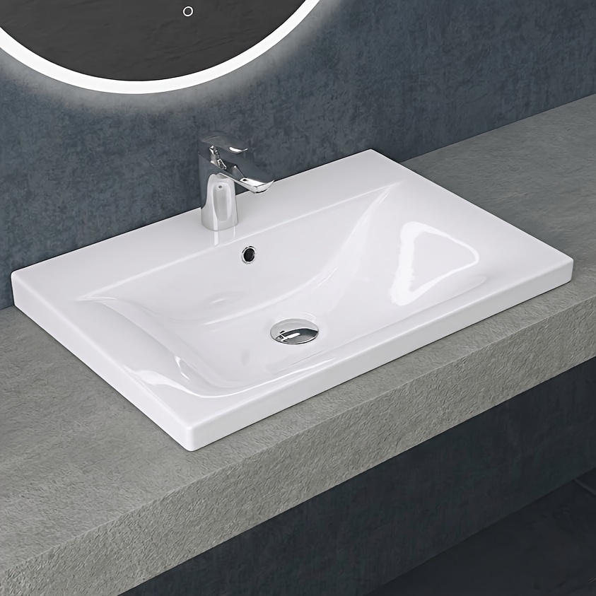 Image of Recessed Bathroom Washbasin, Dimensions 61×46×18cm, Square White Ceramic Sink With Overflow Hole And Faucet Installation Holes