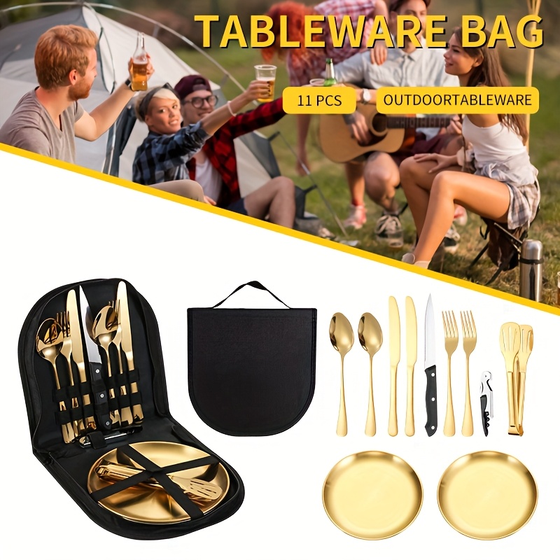 customize your text 11 20pcs golden silvery storage bag stainless steel cutlery set knife   clip bottle opener plate camping picnic barbecue outdoor cutlery camping picnic steak knife   set Product details 0